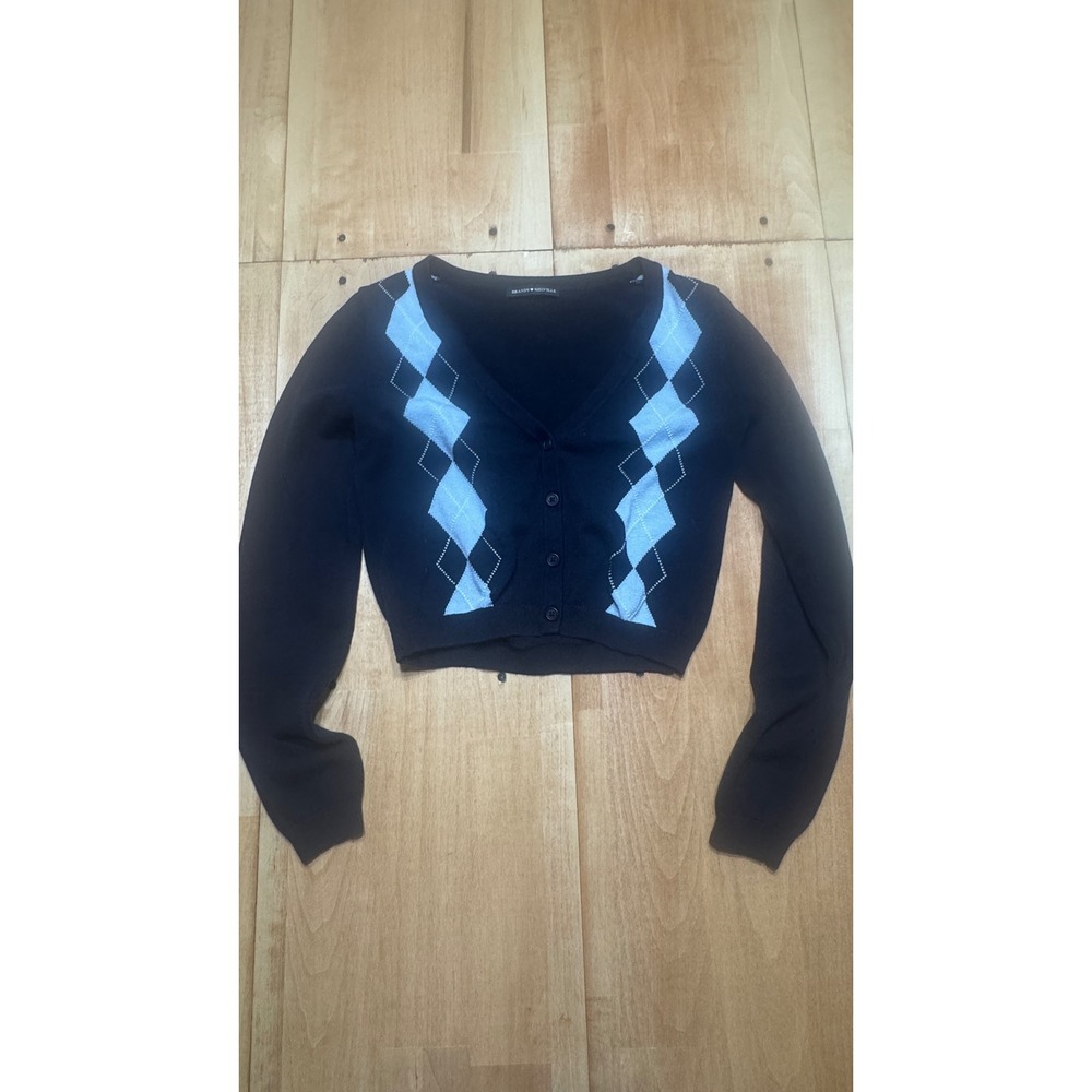 Brandy Melville Navy Blue Argyle Cropped V-Neck Button Cardigan Sweater XSmall